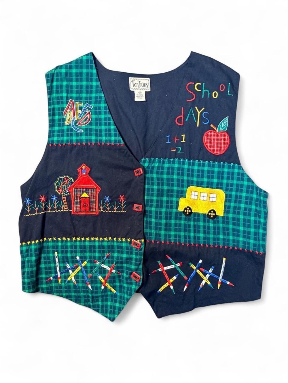 Vintage 90s TanTrums School Days Teacher Vest 2X Embroidered Patchwork